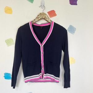 S J.Crew Navy Pink Trim Button Up Cardigan